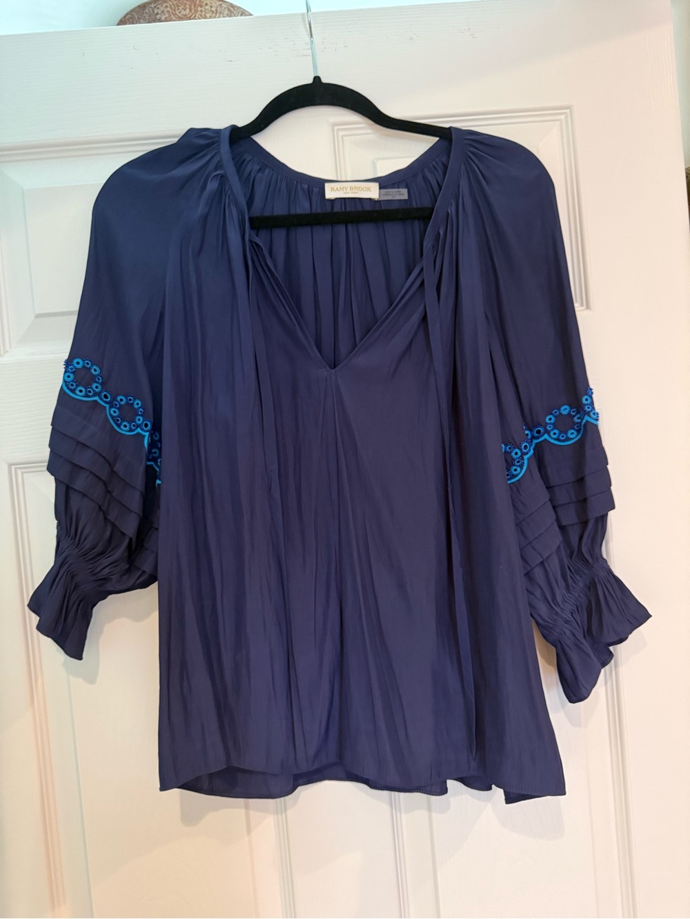 Ramy Brook Navy Blouse with Turquoise Sleeve Embroidery